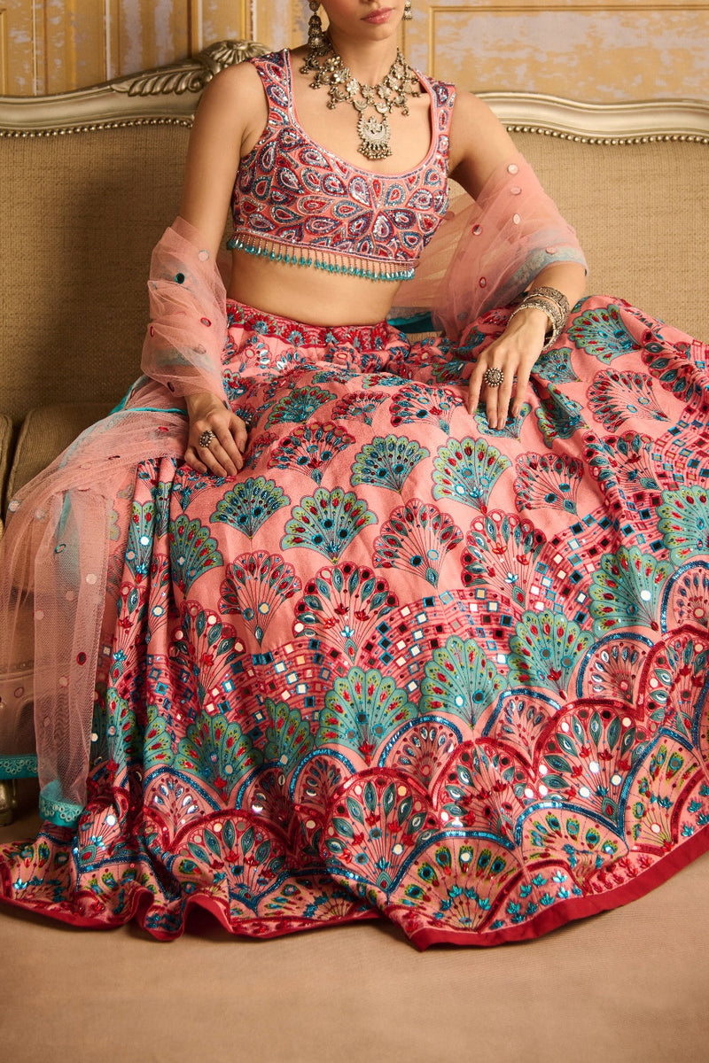 Peach Embroidered Blouse And Lehenga Set