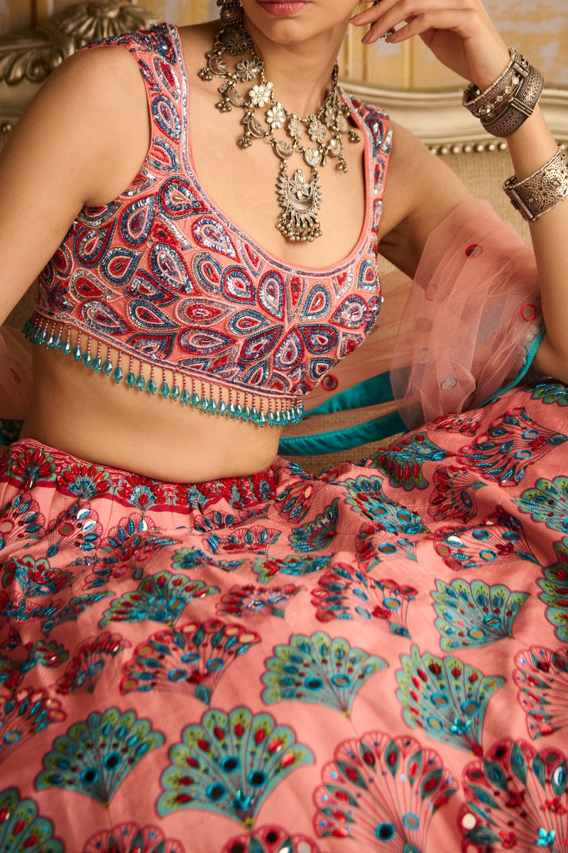 Peach Embroidered Blouse And Lehenga Set