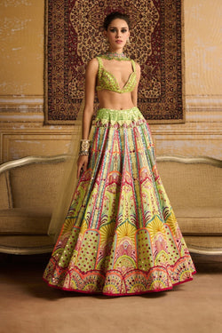 Mint Embroidered Blouse And Lehenga Set