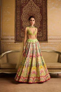 Mint Embroidered Blouse And Lehenga Set