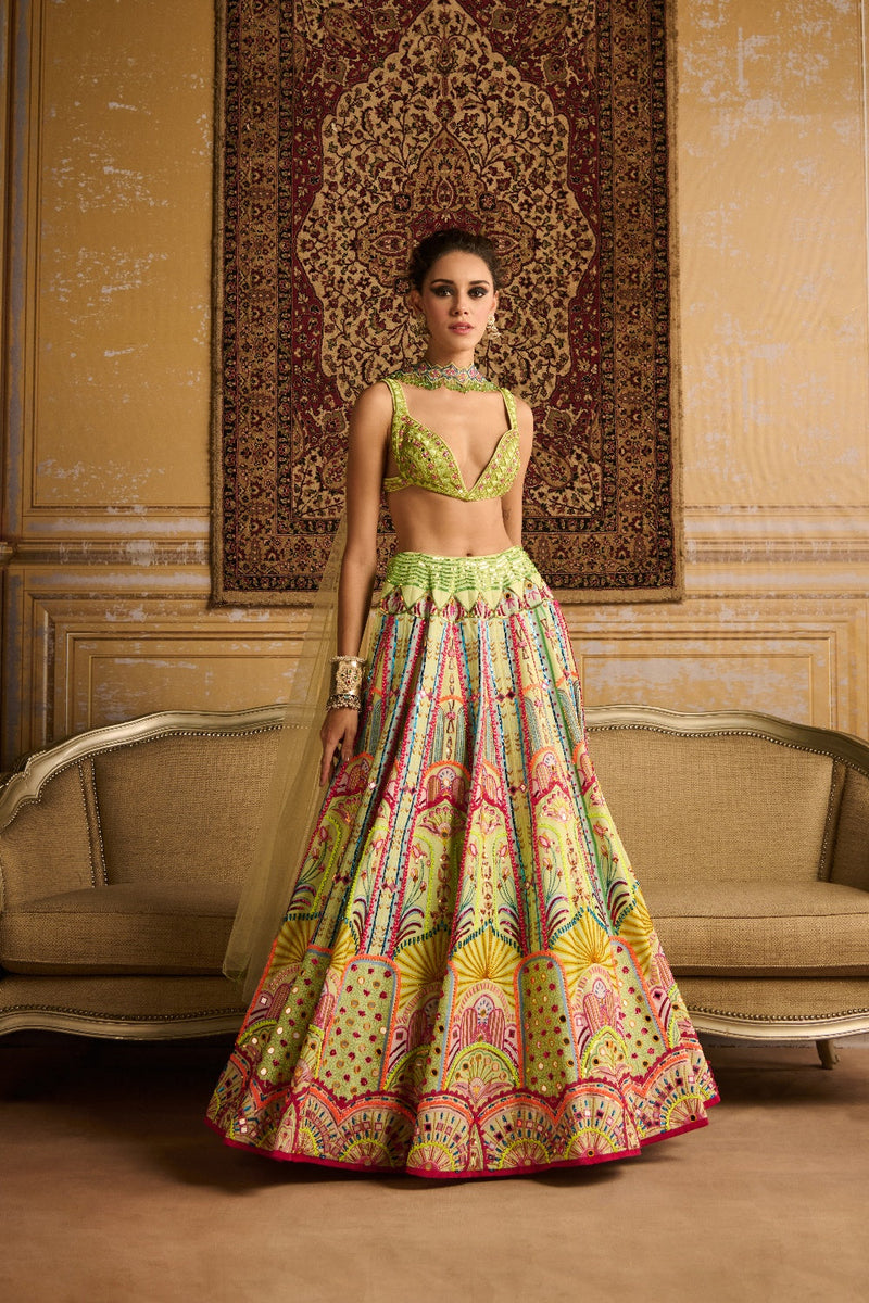 Mint Embroidered Blouse And Lehenga Set