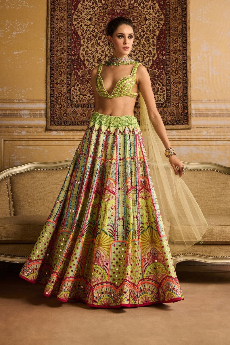 Mint Embroidered Blouse And Lehenga Set