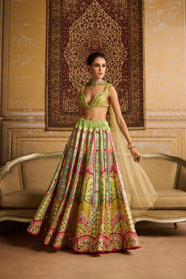 Mint Embroidered Blouse And Lehenga Set