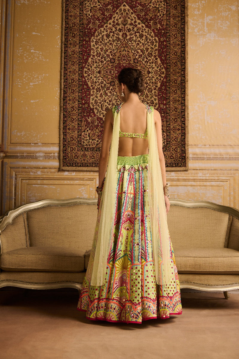 Mint Embroidered Blouse And Lehenga Set