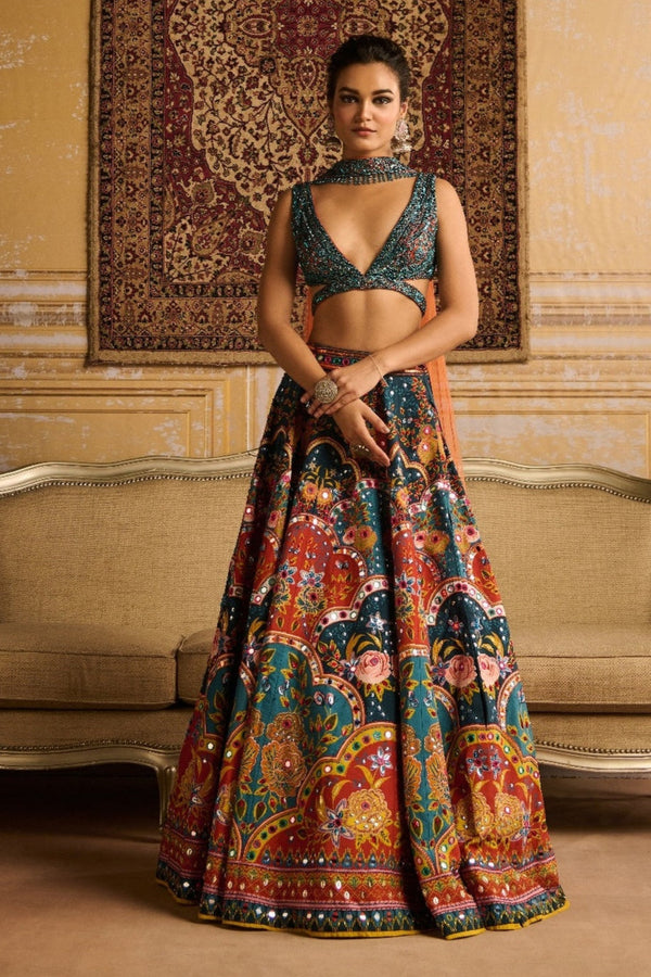 Teal Embroidered  Blouse And Lehenga Set