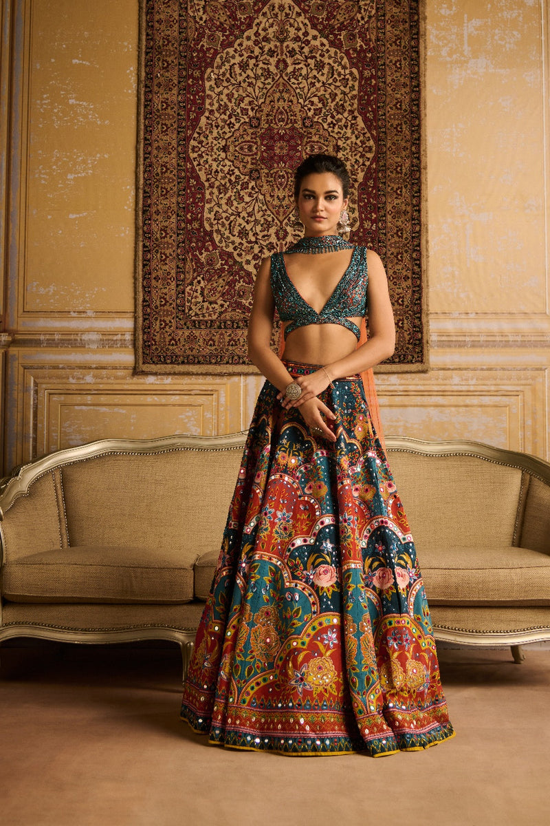 Teal Embroidered  Blouse And Lehenga Set