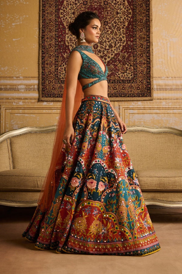 Teal Embroidered  Blouse And Lehenga Set