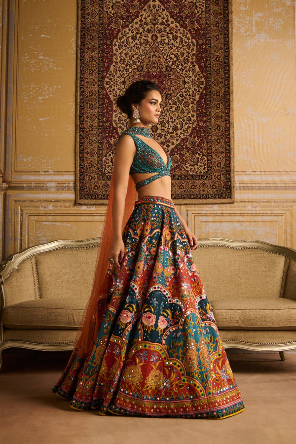 Teal Embroidered  Blouse And Lehenga Set