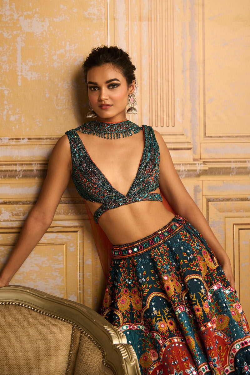 Teal Embroidered  Blouse And Lehenga Set