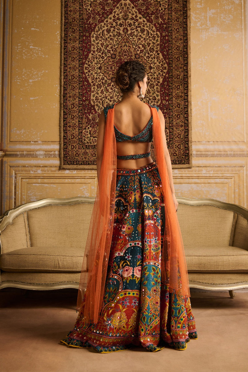 Teal Embroidered  Blouse And Lehenga Set