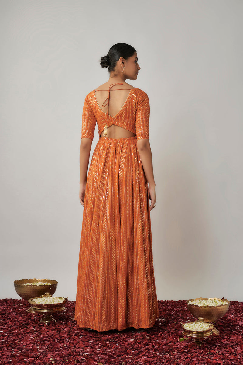 Saffron Orange Sequin And Thread Embroidered Georgette Anarkali Gown Set