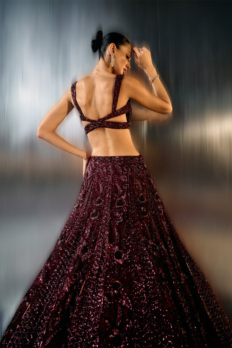 Deep Wine Net Lehenga Set