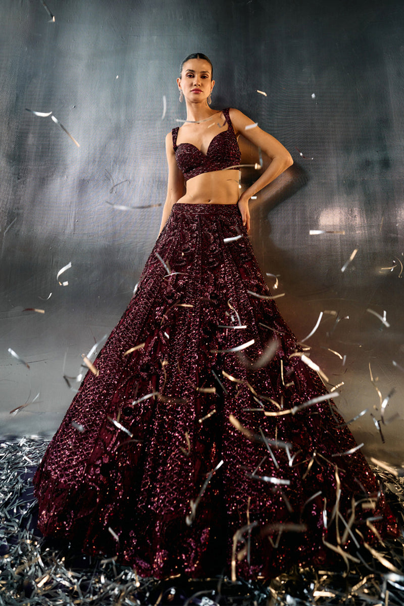 Deep Wine Net Lehenga Set