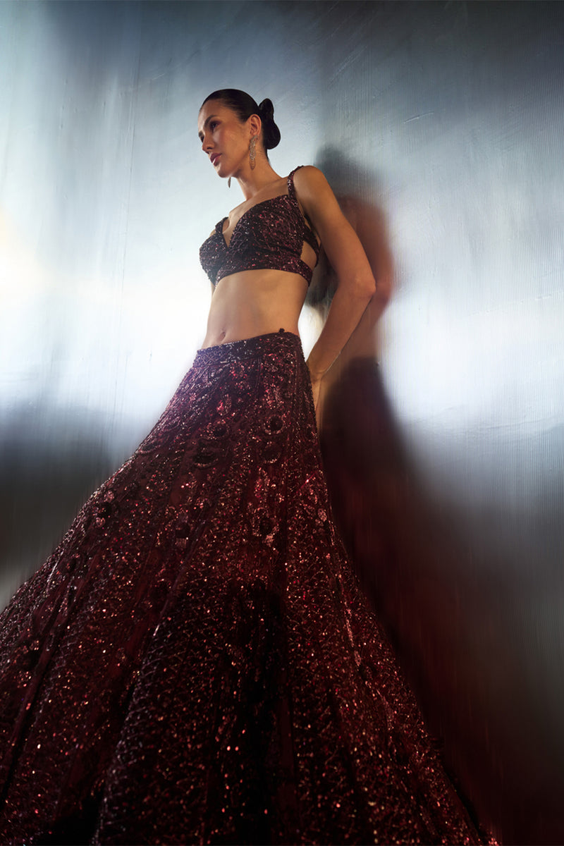 Deep Wine Net Lehenga Set