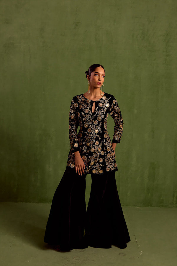 Black Velvet Embroidered Dabka Keyhole Kurta With Sharara