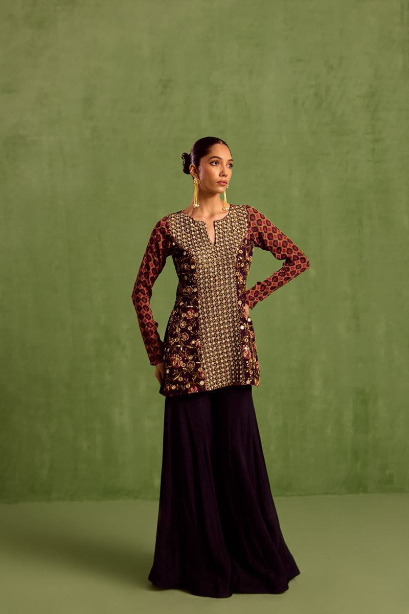 Black Viscose Chinon Print Sequins Notched Hand Embroidered Kurta With Sharara