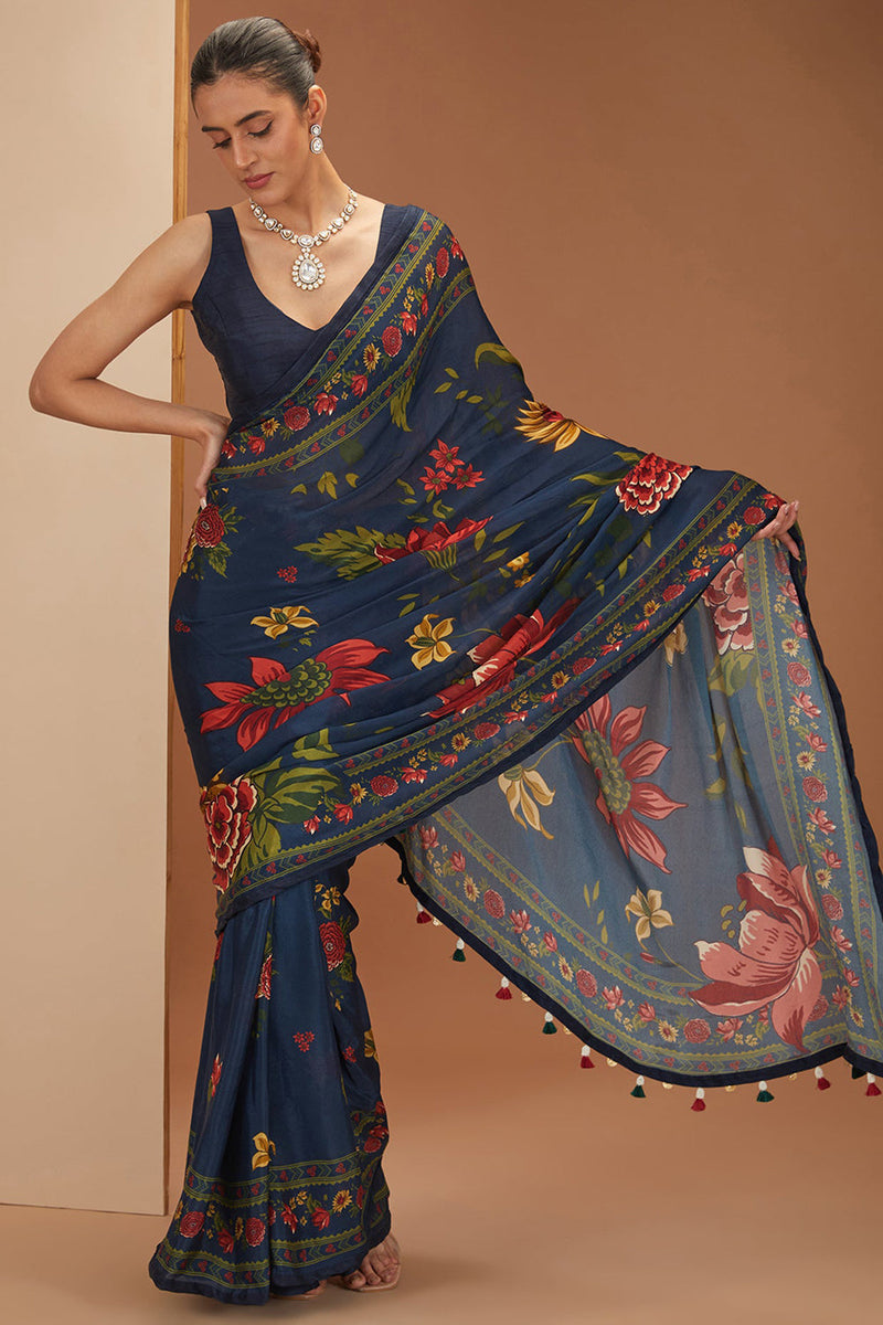 Blue Viscose Chinon Printed Bloom And Stripe V Saree & Blouse Set For Women