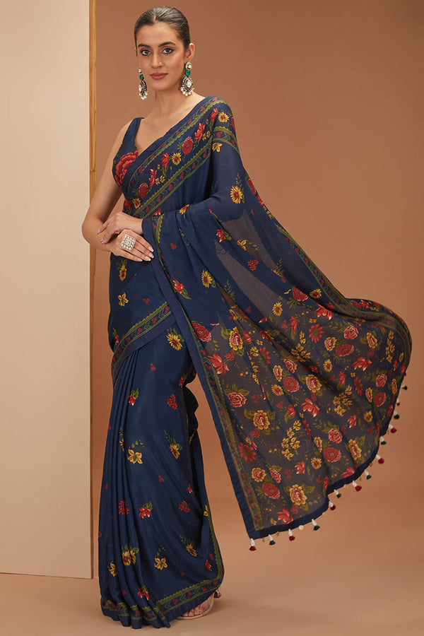 Blue Viscose Chinon Printed Floret And Stripe V Saree & Blouse Set For Women