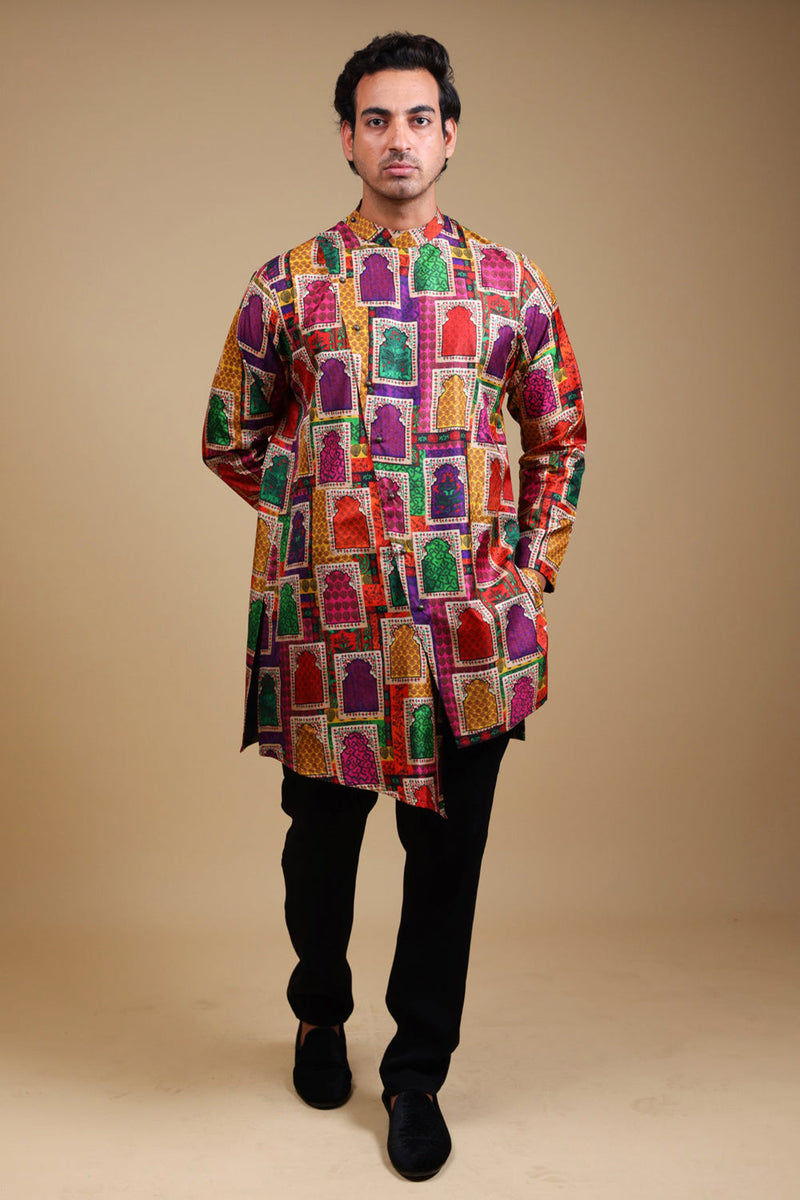 Stylish Jharoka Print Asymmetrical
 Kurta With Pants