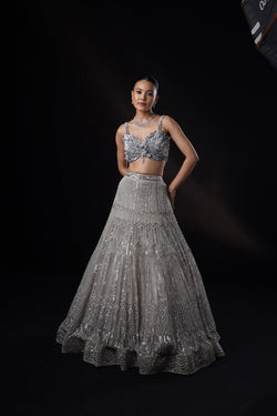 "Quartz" Grey Geometric Lehenga Set With Dupatta