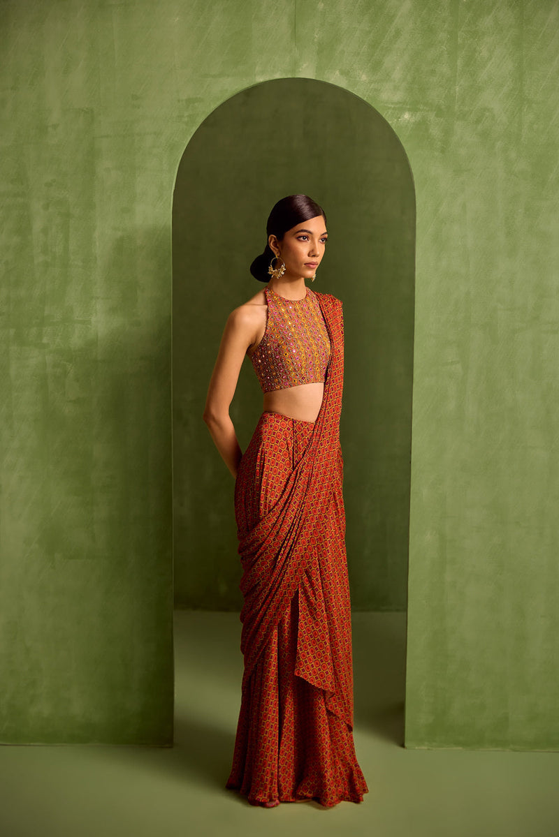 Orange Viscose Chinon Geometric Printed Pre-draped Saree With Embroidered Blouse