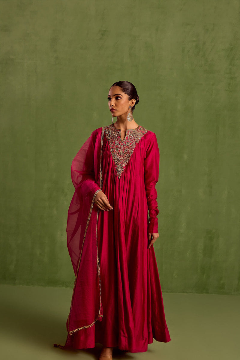 Pink Chanderi Silk Embroidery Dabka Notched Hand Yoke Anarkali With Dupatta