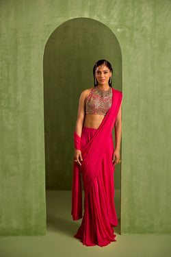 Pink Viscose Chinon Solid Pre-draped Saree With Dabka Embroidered Blouse