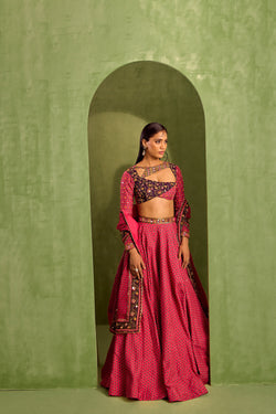 Pink Viscose Raw Silk Print Motif Asymmetric Cutwork Neck Lehenga And Blouse Set