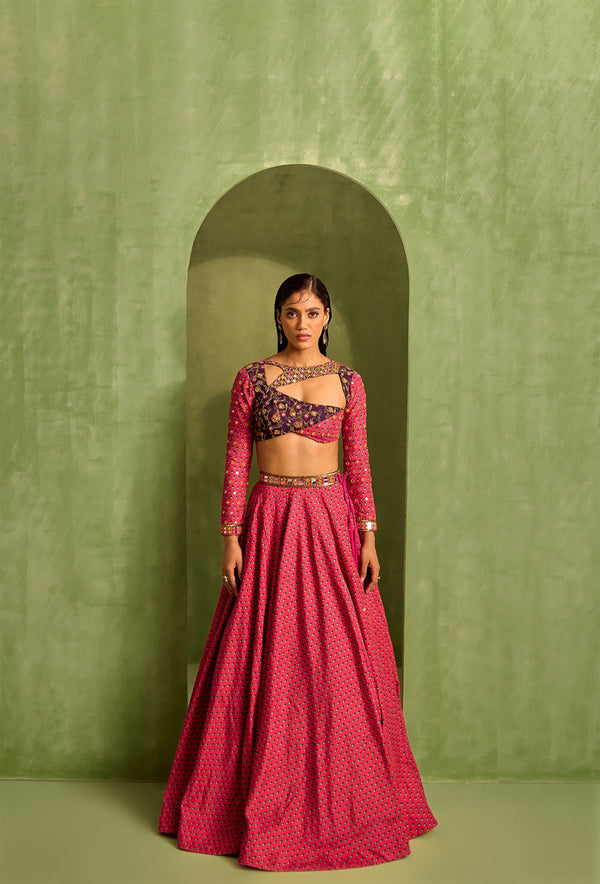 Pink Viscose Raw Silk Print Motif Asymmetric Cutwork Neck Lehenga And Blouse Set