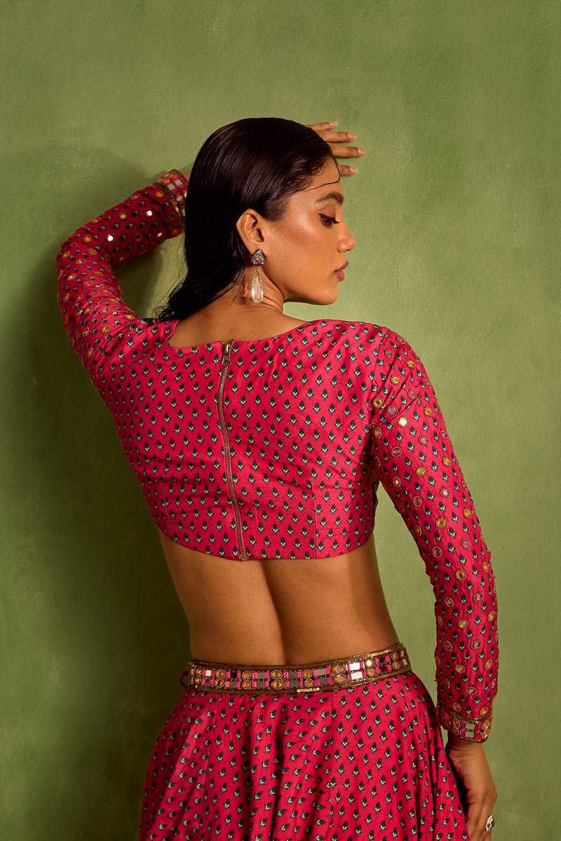 Pink Viscose Raw Silk Print Motif Asymmetric Cutwork Neck Lehenga And Blouse Set