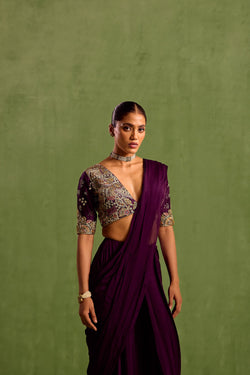 Purple Viscose Chinon Embroidered Blouse Pre-draped Saree With Abstract Hand