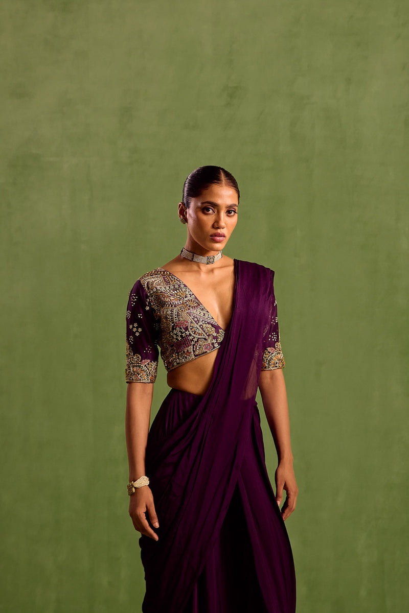 Purple Viscose Chinon Embroidered Blouse Pre-draped Saree With Abstract Hand