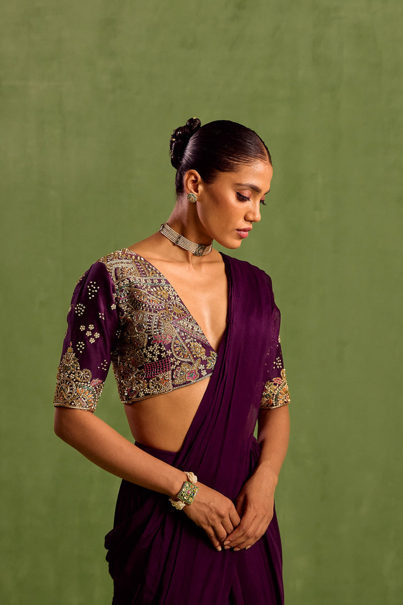 Purple Viscose Chinon Embroidered Blouse Pre-draped Saree With Abstract Hand