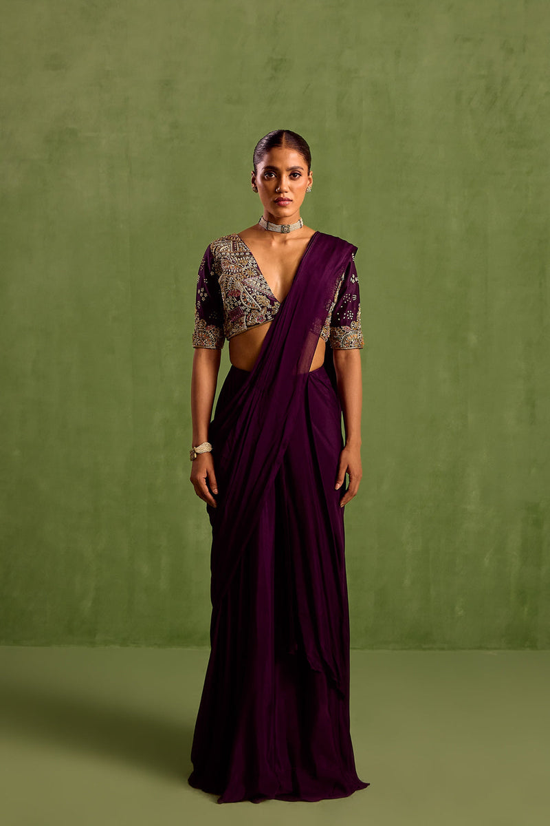 Purple Viscose Chinon Embroidered Blouse Pre-draped Saree With Abstract Hand