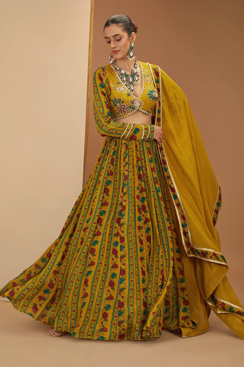 Yellow Viscose Chinon Printed And Embroidered Floral Stripe Lehenga Set For Women