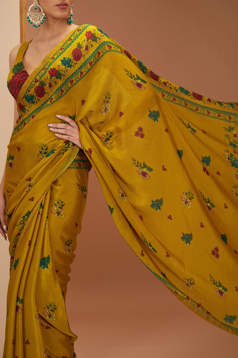 Yellow Viscose Chinon Printed Floral And Stripe Saree & Blouse Set For Women