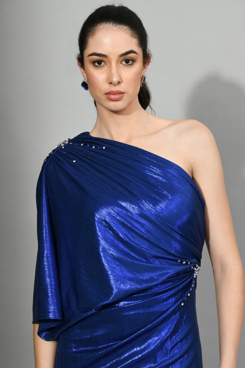 Blue Side Of The Stars - Long Tail Draped Gown With Minimalistic Embroidery