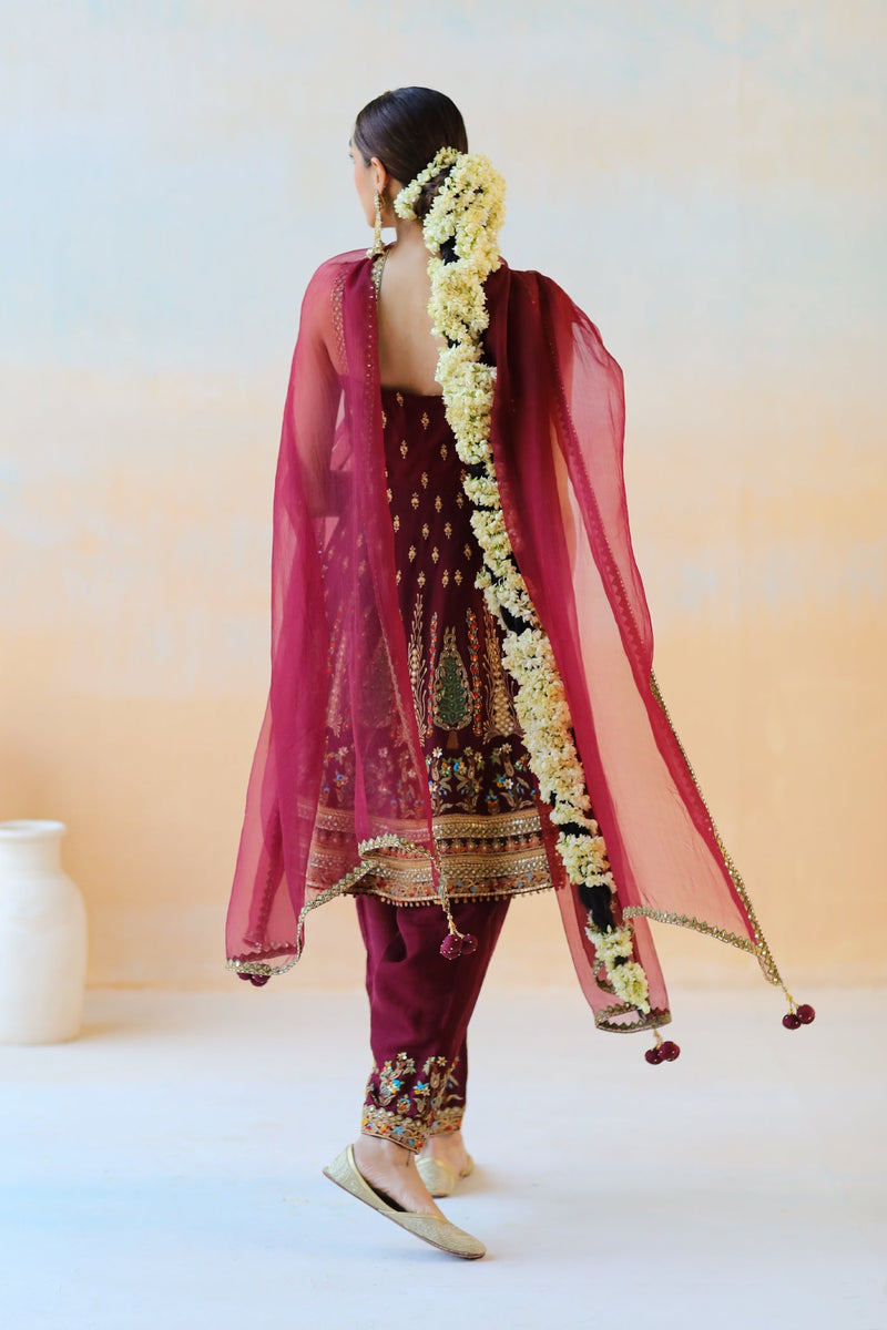 Burgundy Anarkali Set with Dhoti