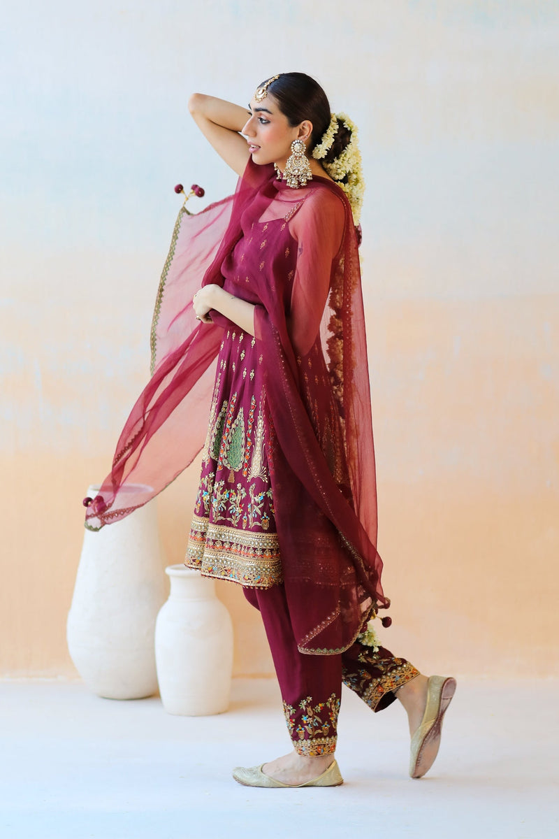 Burgundy Anarkali Set with Dhoti