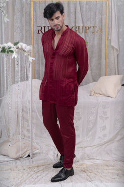 Maroon Pulled Thread  Shirt Kurta Set