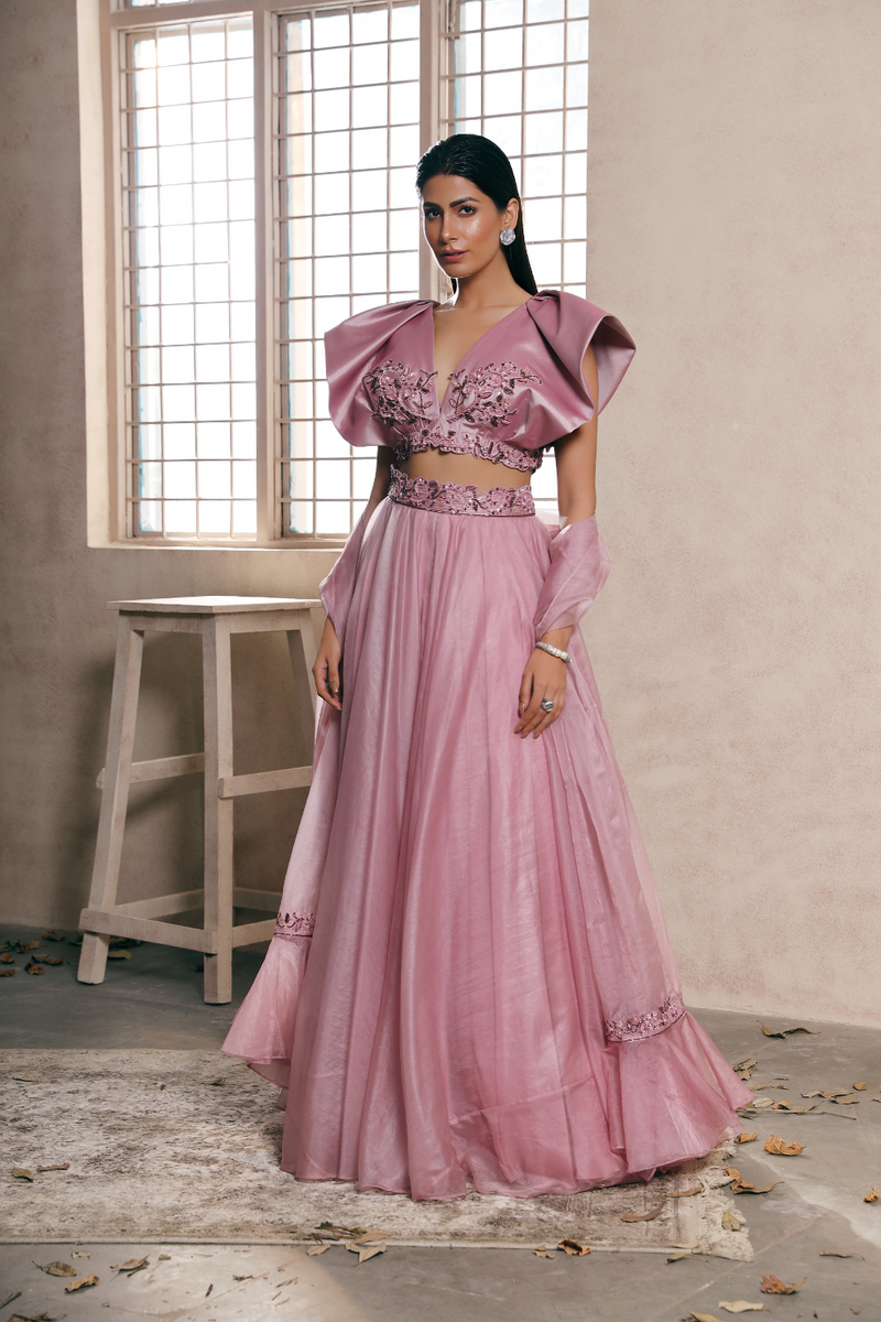 Lilac Taffeta Silk Embroidered blouse with Lehenga set – Estie Couture