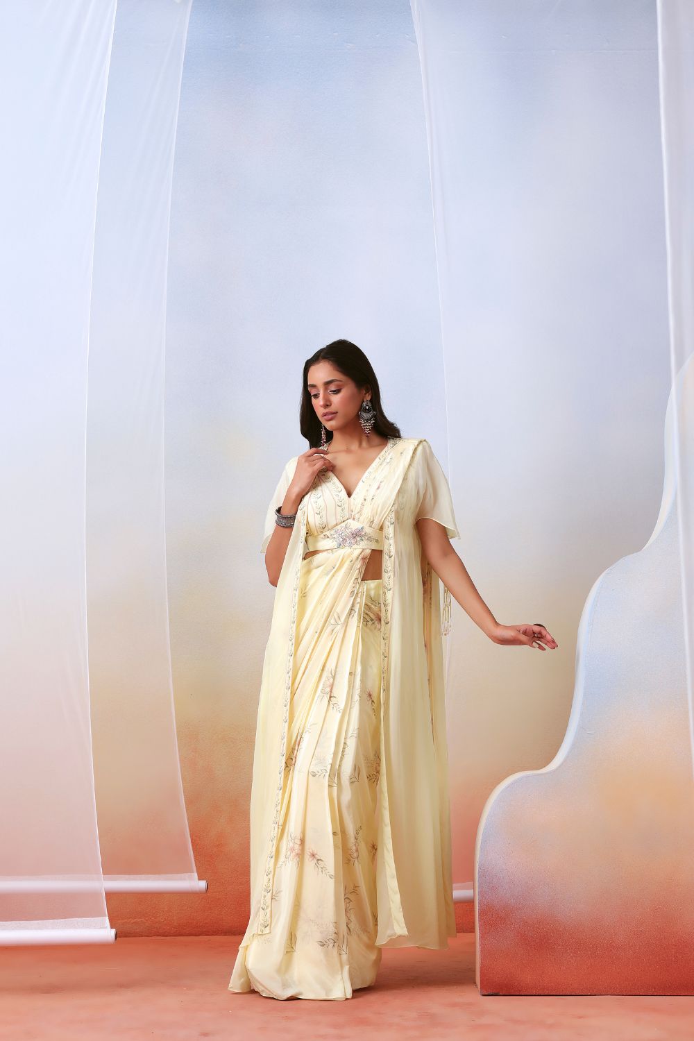 Shell white pre-stitched drape saree set – Estie Couture