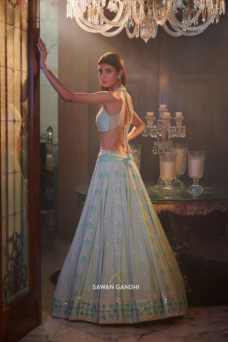 TURQUOISE CHIKANKARI LEHENGA