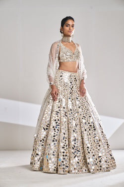 Cream Gold Mirror Work Lehenga Set