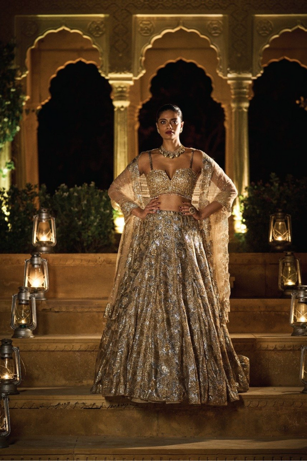 Ash Brown Lehenga Set with Baadla Silver and Dull Gold Embroidery - Seasons  India