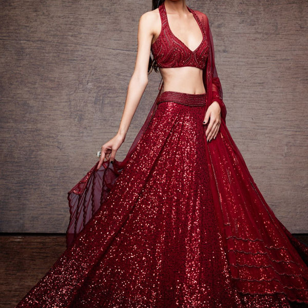 Wine Sequin Lehenga Set