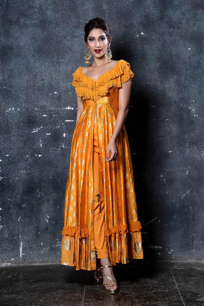 Mango foil print ruffled neckline embroidered anarkali with pants & gold embroidered dupatta