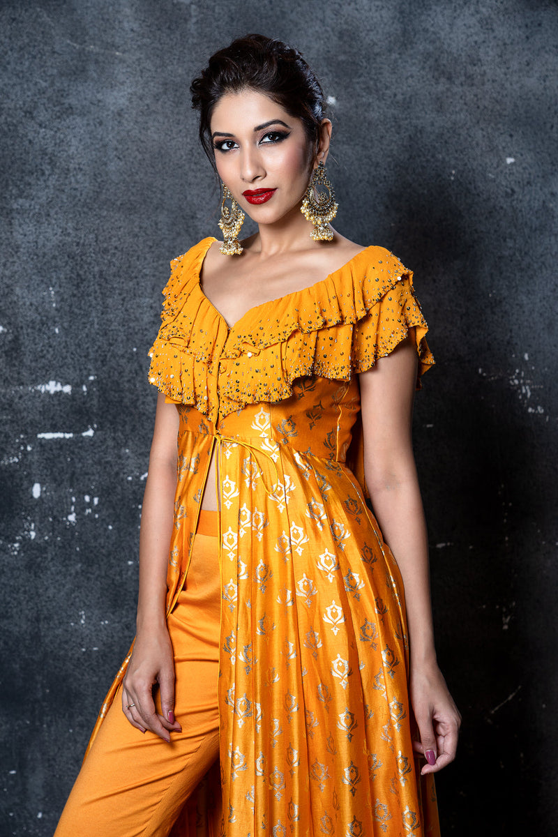 Mango foil print ruffled neckline embroidered anarkali with pants & gold embroidered dupatta