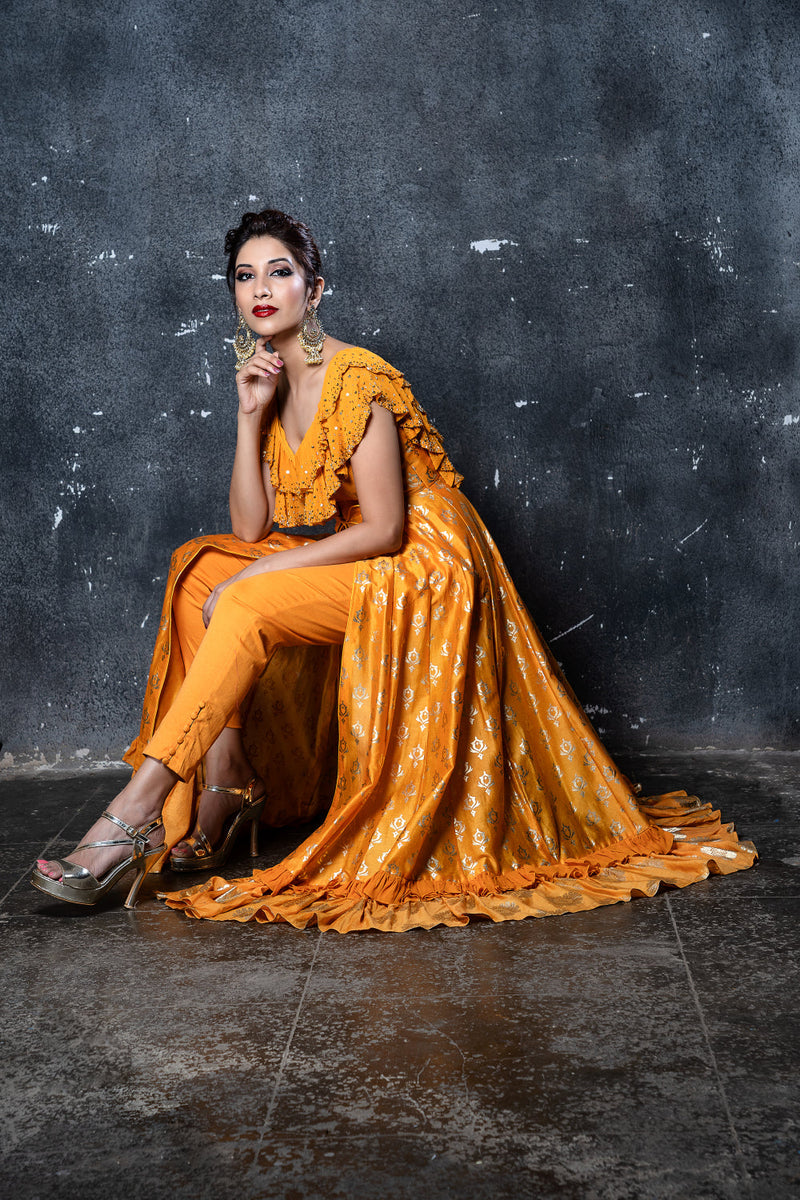 Mango foil print ruffled neckline embroidered anarkali with pants & gold embroidered dupatta