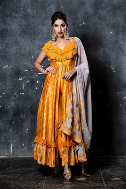 Mango foil print ruffled neckline embroidered anarkali with pants & gold embroidered dupatta